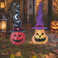Set of 2 Halloween Pumpkin Witch Hat Garden Stakes Metal Outdoor Yard Decor