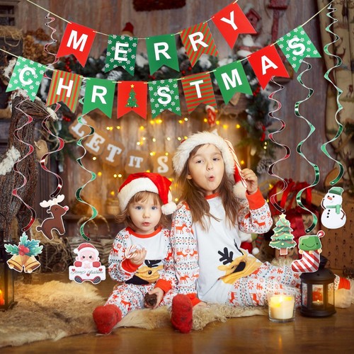 Conjunto de Bandera de Copo de Nieve Feliz Navidad Banner Navidad Decoración Colgante - Imagen 11 de 12