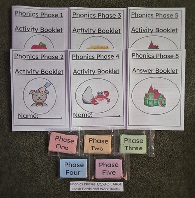 Phonics Phasen 1,2,3,4,5 GROßE Lernkarten mit Arbeitsbüchern