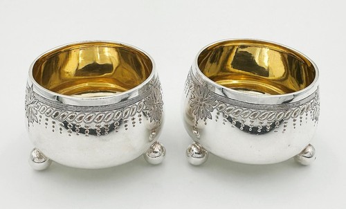 PAIR SALT CELLARS STERLING SILVER VICTORIAN SHEFFIELD 1880 HENRY WILKINSON & CO - Picture 2 of 8