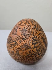 Vintage Peruvian Mate Burilado Hand Carved Etched Gourd Folk Art 5” Night Owls