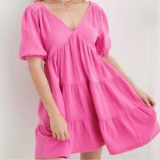 Aerie Pool To Party Tiered Puff Sleeve Mini Dress Women’s XS Pink Beachy Summer