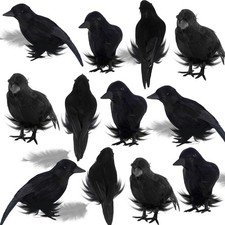 12 PCS Halloween Birds Black Feathered Crows Realistic Decor 6.1 Inch Prop