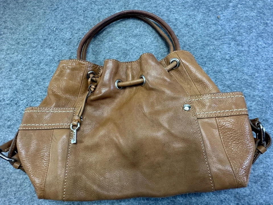 Cartera Bolso Cubo Fossil Beige Marrón Cuero Guijarro Genuino con Cordón Foto 3 de 4