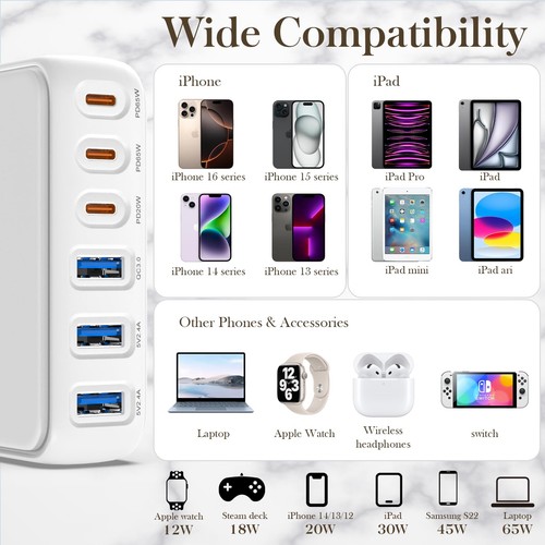 USB C Ladeblock, 192W Ladestation für mehrere Geräte, 6-Port USB H... - Bild 5 von 9