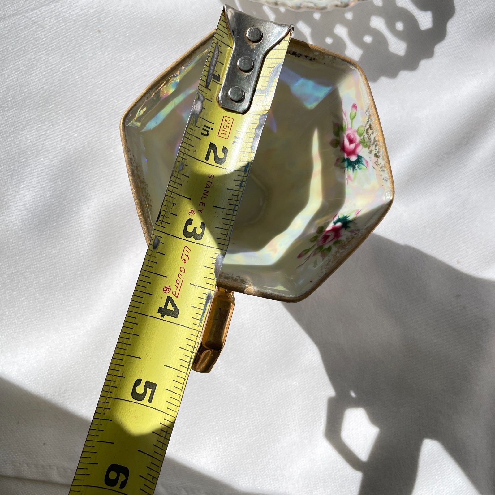 Vintage Bone China Lusterware Footed Teacup Pierced Saucer Small Roses Japan