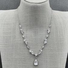 Charming Charlie Crystal Teardrop Pendant Necklace Women Silver Tone Rhinestone