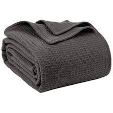 100 Cotton Blankets Queen Size for Bed - Waffle 90" x 90" , Dark Grey
