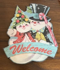 Christmas SNOWMAN COUPLE WELCOME Plaque Sign With Wall Hanger