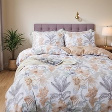 King/Cal King Duvet Cover Set, Cotton 3 Pieces Floral Leaf Print White Duvet ...