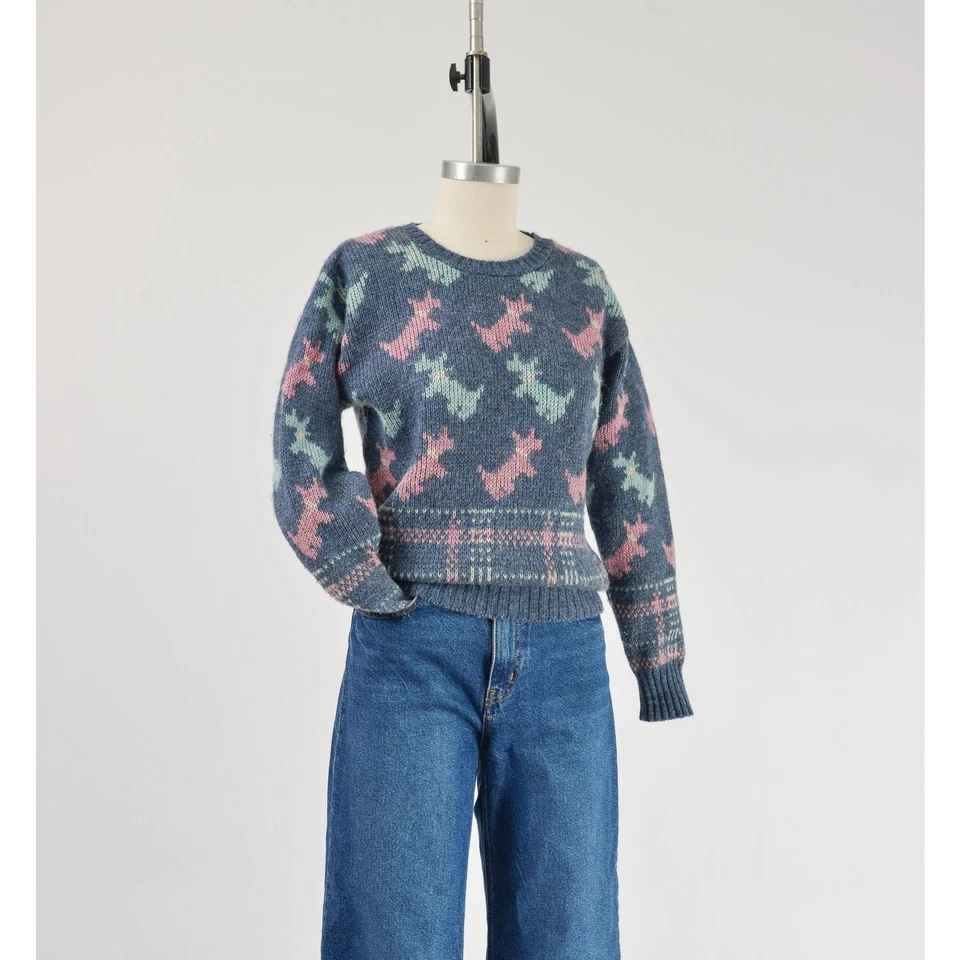 Vintage 80s Blue Dog Sweater Kitschy Cute Wool Blend Crewneck Sweater XS S - Image 3 of 4