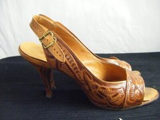 Vtg 60-70s Mexican Brown Leather Hand Tooled open Toes High Heels-7A B 