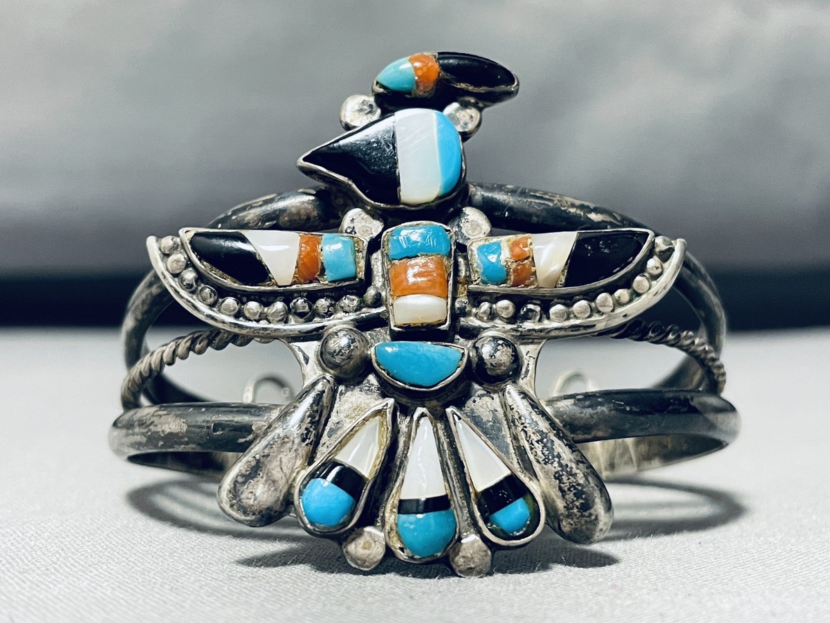 MONUMENTAL VINTAGE ZUNI TURQUOIS EINLAY BIRD STERLING SILVER 