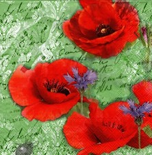  2 Two Paper Lunch Napkins for Decoupage/Mixed Media - Painted Poppies Green