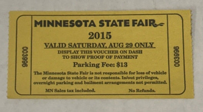Minnesota State Fair Grounds Parking Voucher $13 Permit Ticket Stub Pass 8/28/15