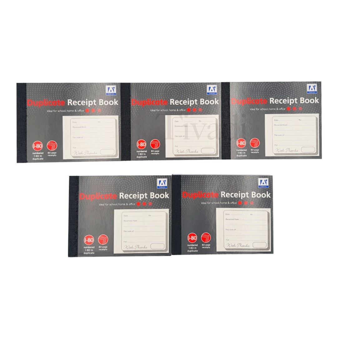 5 x Duplicate Receipt Book Numbered 1- 80 Pages With Carbon Sheets