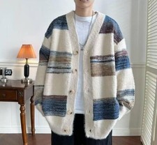 Men's New Fashion Winter V Neck Long Sleeve Loose Warm Stripe Kniting Cardigan