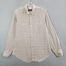 VINTAGE Levi Men Button Up Shirt Large Beige Checkered Plaid Long Sleeve 80s