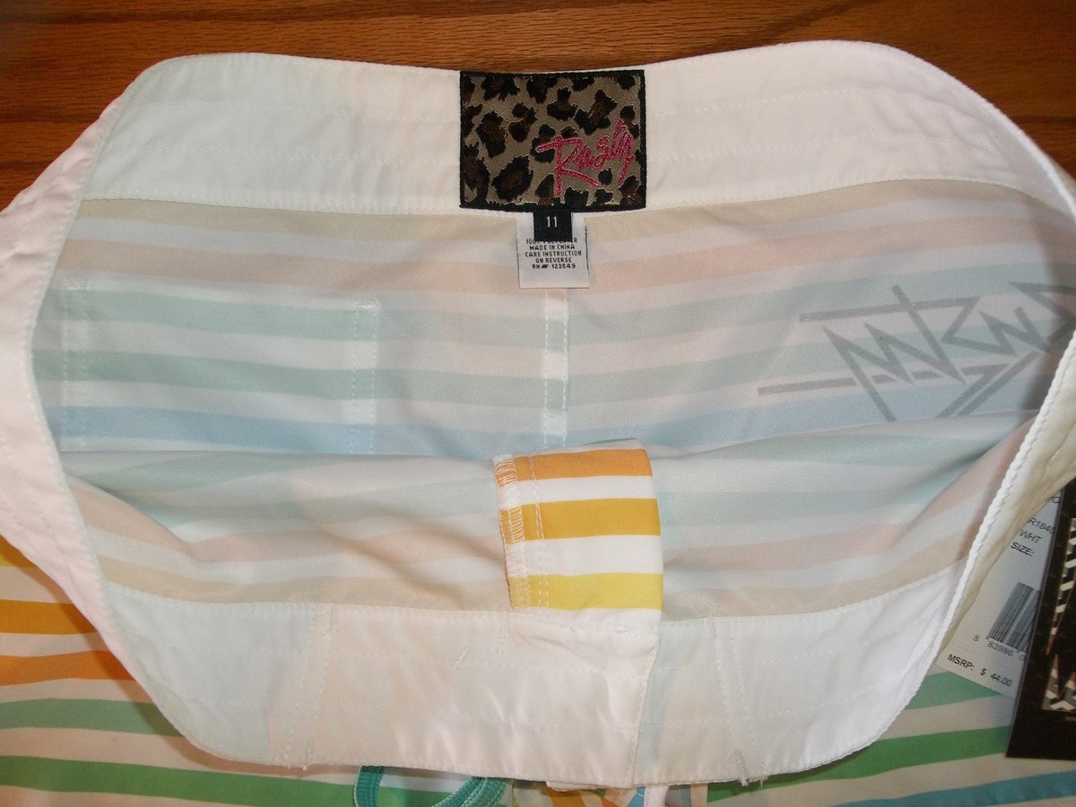 【P】 NEW WOMEN'S RUSTY MULTI-COLOR STRIPED BOARD SHORTS SIZE 11 MSP $44