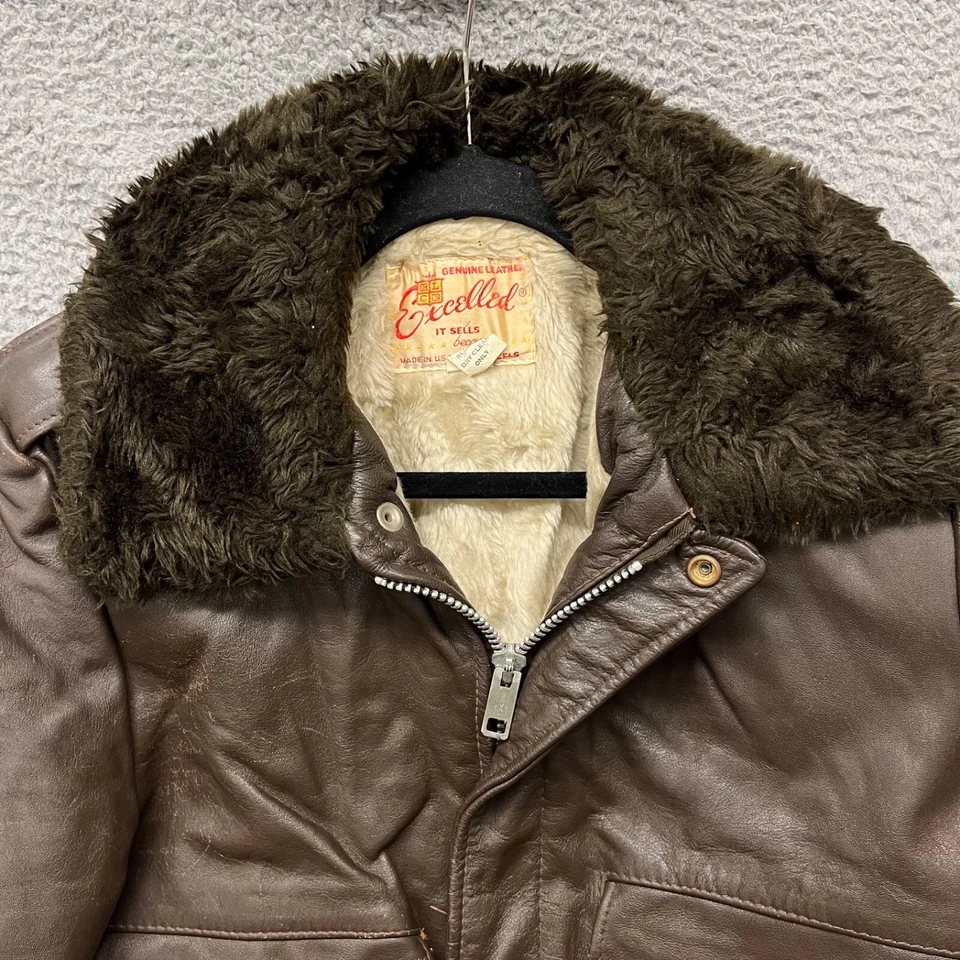 Vtg Excelled Leather Jacket Mens 40 Brown Bomber Faux Fur Collar Aviator Pilot - Image 2 of 4
