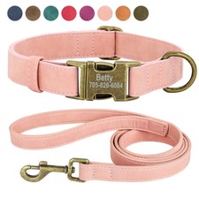 Leather Personalised Dog Collar and Lead Set Custom Engraved Buckle Adjustable