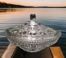 Federal Glass Windsor Pattern Clear Button & Cane Covered Candy Dish 7.5"D