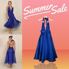 Lulus Cobalt Blue Organza Gold Ring Halter Midi Dress S M? Semi Formal 50s Style