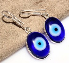 925 Silver Plated Blue Evil Eye Earrings 1.5" Limited Edition Design Trendy GW