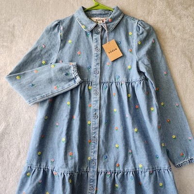 Mini Boden Denim Dress Girls 11-12Y Embroidered Flowers Tiered Buttons Blue NWT