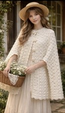 Vintage Handmade Crochet Poncho Womens Cottage Ivory Scalloped Edge Granny Wrap