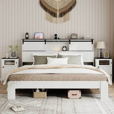King Size Metal Bed Frame w/ Headboard Charging, White, No Box Spring Needed