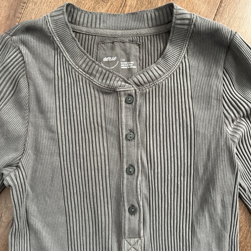 Aerie Road Trip geripptes Langarm Henley T-Shirt Damen L rauchgrau strukturiert - Bild 10 von 16