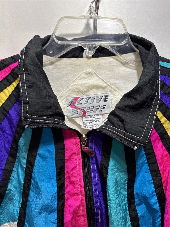 Chaqueta cortavientos Active Stuff de colección para mujer XL blanca arco iris cremallera completa años 80 90 Foto 4 de 4