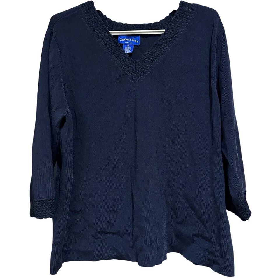 Charter Club Suéter Túnica Mujer Plus 2X Negro Cuello en V Minimalista Preppy Oficina Foto 2 de 4