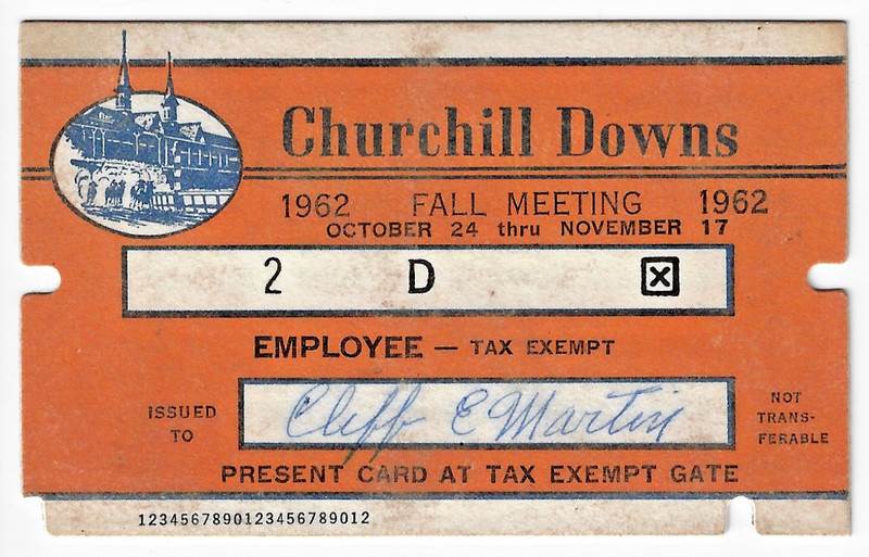 1962 CHURCHILL DOWNS EMPLOYEE INDENTIFICATION AND PASS