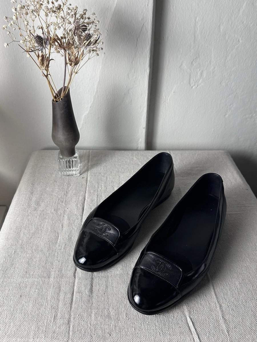 靴 CHANEL Black Leather Ballet Flats 37 Chanel Ballet Flats Black Patent Leather Cap Toe & Trim CC Logo 37
