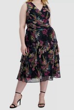 SLNY Womens Black Floral-Print Sleeveless Crinkled Midi Dress Plus Size 24W
