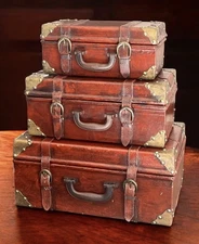 3 Nesting Suitcase Trunks Rust Red Faux Leather & Brass Steampunk Victorian Deco