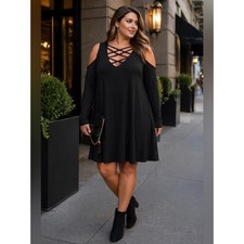 Boohoo Plus Black Ribbed Cold Shoulder Swing Dress Crisscross Neck Size 16