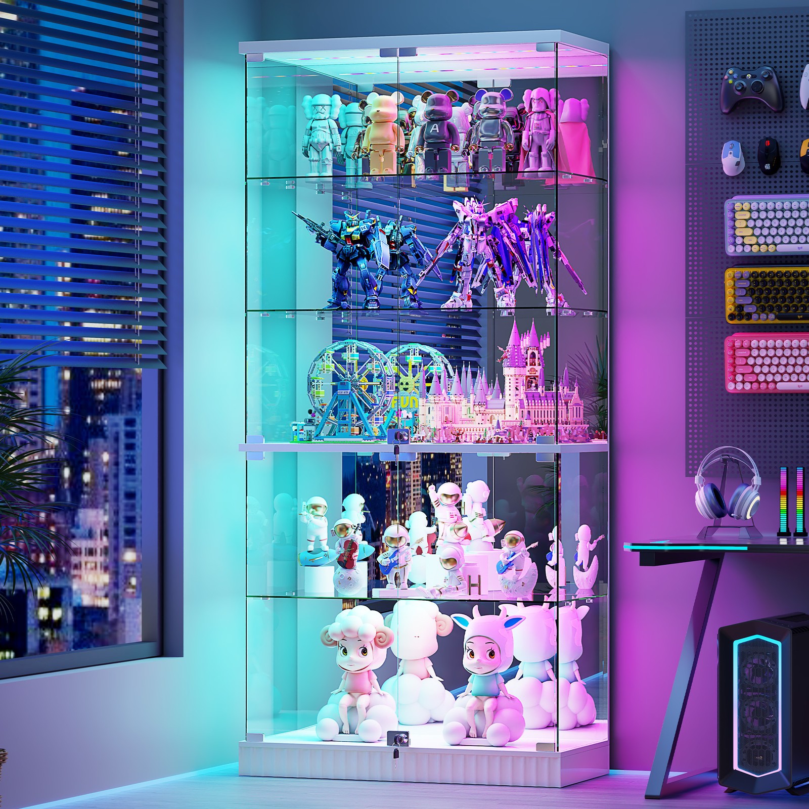 67" Tall Glass Display Cabinet, 5-Tier Curio Cabinets with Locks & RGB Lights