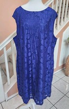 NWT CHAPS RALPH LAUREN Blue Lace Round Neck Cap Sleeve Shift Stretch Dress 24W