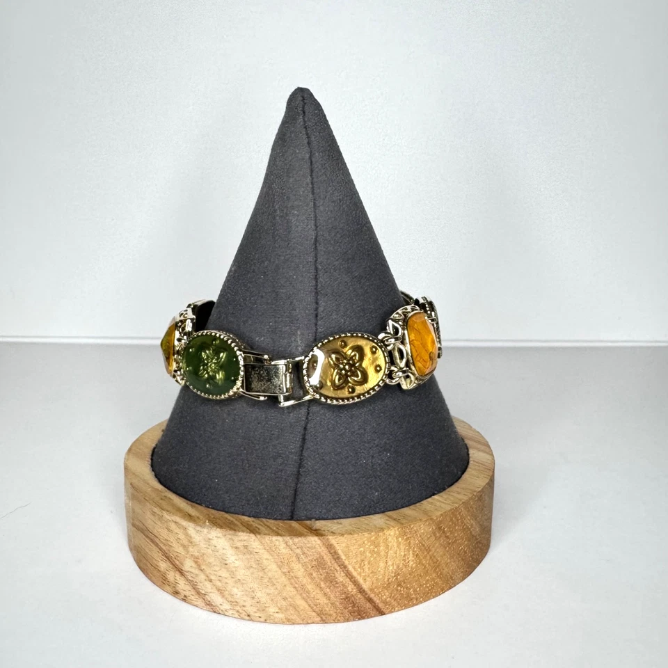 Brazalete Vintage Liz Claiborne Panel Eslabón Esmalte Flores Verde Naranja Tono Dorado Foto 3 de 4