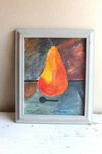 Naif Hand Painted Pear on Canvas Framed Glass Self Taught Outsider Wall Art
