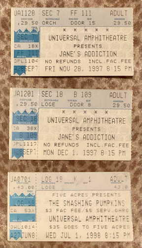 JANE'S ADDICTION/SMASHING PUMPKINS CONCERT STUBS (1997/98) LOS ANGELES