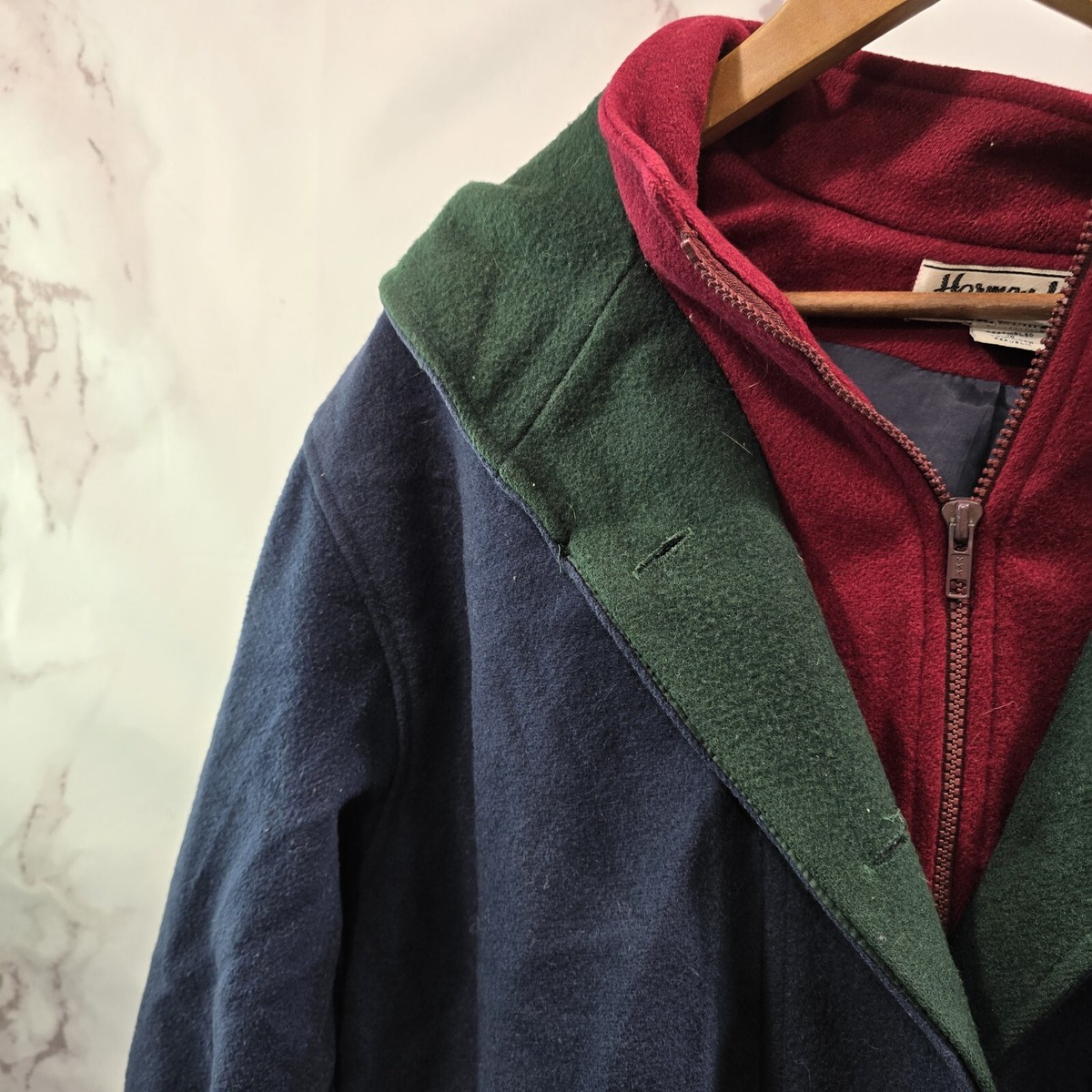 Vintage Coat Women 18W 2X 90s Wool Hooded Colorblock Navy Green