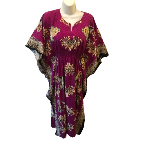 Handmade Asian Inspired Cotten Kaftan Maxi Dress Violet Gold V Neck Sz. S/M - Picture 1 of 8