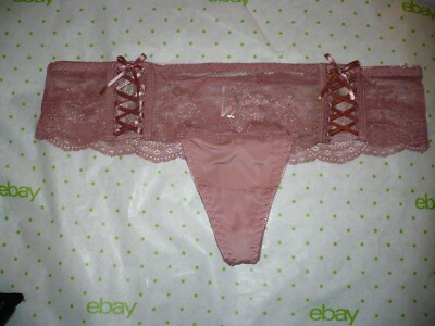 Rue 21 Women's Thong Panties LARGE Mauve Lace Up Bows Lace Top Silky Bottom