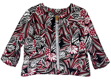 Ruby Rd Red Black Abstract Floral Cotton Denim Jean Jacket 3/4 Sz 14p
