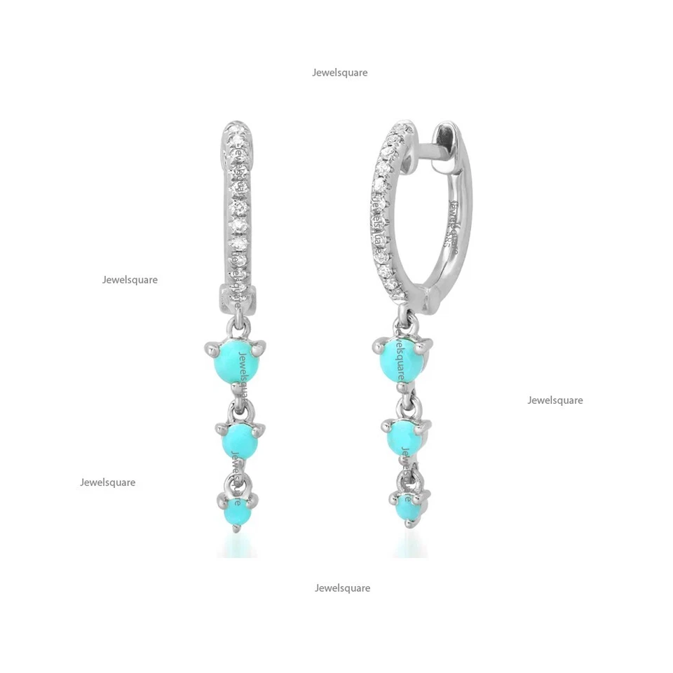 Trio Turquoise & Real Diamond Drop Huggies Earrings 14k Gold Shake Drop Earrings - Image 4 of 4
