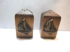 Black Walnut Salt & Pepper Shakers with emblem of ship sailboat 1.5 x 2.5 inch